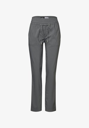 Harmaat, kevyet housut, joissa on joustava vyötärö ja nauha. Ominaisuuksia ovat kaksi etutaskua ja suora lahjemalli. Sileä strukturointi.