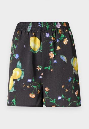 Juodos elastinės juosmens šortai su geltonu citrinos ir įvairiaspalviu gėlių raštu, išbarstytu per visą audinį.