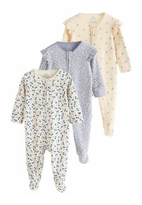 Trois grenouillères à manches longues pour bébé : une crème avec un motif floral bleu et marron, une lilas clair avec un motif floral blanc, une jaune pâle avec de petits accents floraux.
