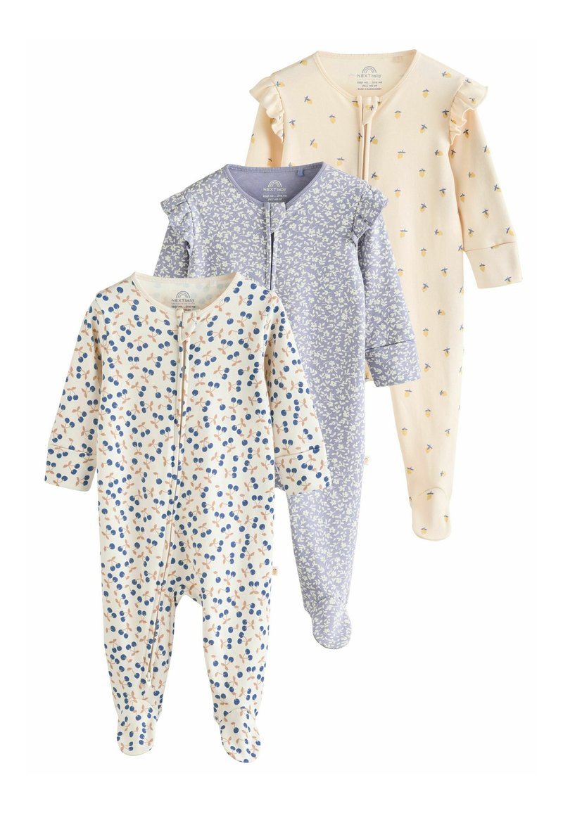 Trois grenouillères à manches longues pour bébé : une crème avec un motif floral bleu et marron, une lilas clair avec un motif floral blanc, une jaune pâle avec de petits accents floraux.