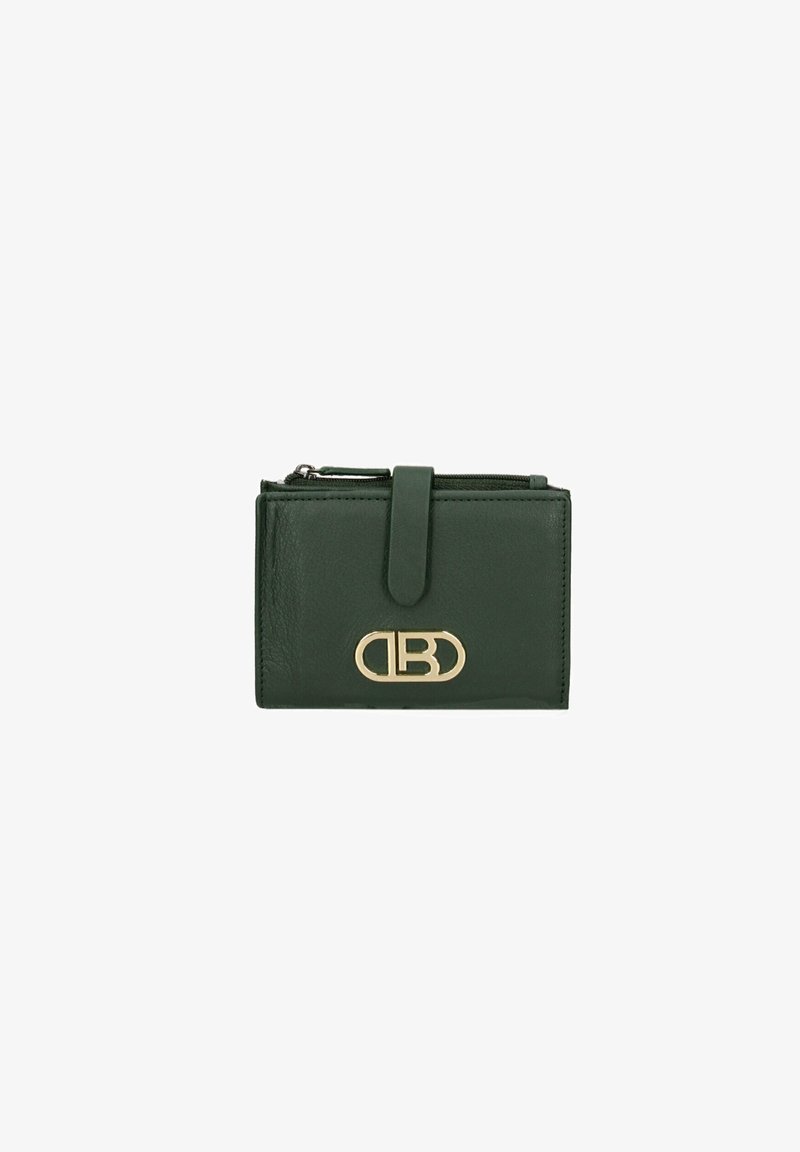 Portafoglio in pelle verde di forma rettangolare, con logo hardware dorato e una tasca con zip. Presenta una chiusura a scatto e cuciture minime.