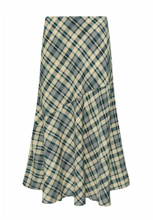 Een uitlopende rok in een crèmekleurig en marineblauw ruitpatroon, met een middellange ontwerp, gemaakt van een zachte, textuurvolle stof en een asymmetrische zoom.