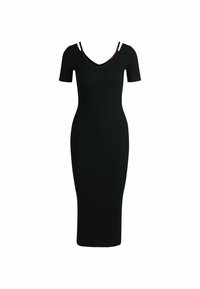 Robe midi noire à côtes avec manches courtes, décolleté en V et deux fines bretelles. Conçue pour une silhouette ajustée, elle présente une texture lisse.