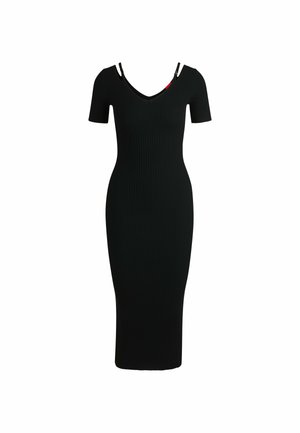 Black ribbed midi dress with short sleeves, V-neckline, and two thin straps. Designed for a fitted silhouette, featuring a smooth texture.