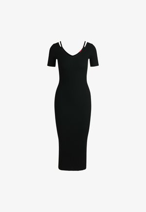 Black ribbed midi dress with short sleeves, V-neckline, and two thin straps. Designed for a fitted silhouette, featuring a smooth texture.
