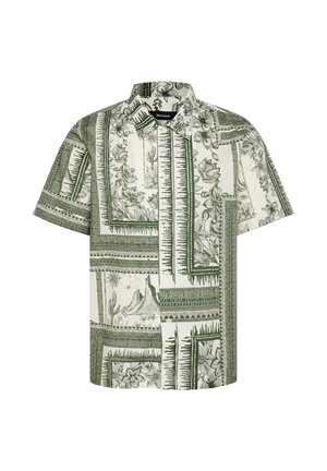 Camicia a maniche corte con un motivo botanico verde e bianco, caratterizzata da design floreali e paesaggistici, realizzata in tessuto leggero.