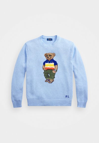 Helles blaues Strickpullover mit einem gestickten Bären in Sonnenbrillen, der ein blaues Hemd und grüne Hosen trägt, mit gerippten Bündchen und Saum.