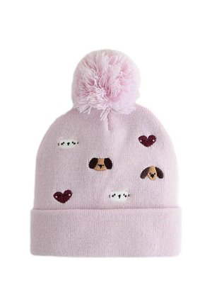Rosa gestrickte Mütze mit einem flauschigen Pompon oben, verziert mit gestickten Hund- und Katzenmotiven sowie Herzmotiven in verschiedenen Farben.