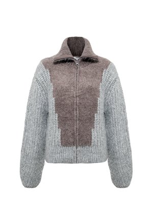 Chunky knit zip-up jacket with a high collar, featuring gray sleeves and sides with a textured brown center panel.