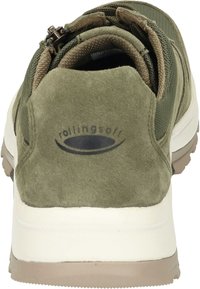 Grüne Wildleder-Sneaker mit strukturierten Mesh-Paneelen, gepolstertem Kragen und weißer Zwischensohle. Mit einem Logo an der Ferse und einer Gummisohle.