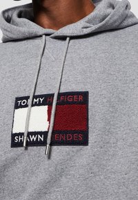 Sudadera gris con un logo de parche texturizado que presenta secciones en rojo, blanco y azul marino, con el texto "TOMMY HILFIGER" y "SHAWN MENDES". Tejido de mezcla de algodón.