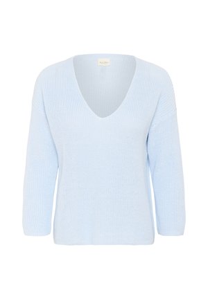 Hellblaues gestricktes Sweatshirt mit tiefem V-Ausschnitt und langen Ärmeln. Verfügt über ein strukturiertes Muster und ein lässiges Schnittdesign.