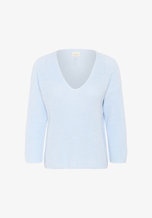 Hellblaues gestricktes Sweatshirt mit tiefem V-Ausschnitt und langen Ärmeln. Verfügt über ein strukturiertes Muster und ein lässiges Schnittdesign.