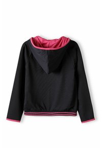 Felpa nera con cappuccio e interno rosa, caratterizzata da dettagli rosa sui polsini e sull'orlo, fondo elasticizzato e texture a costine.