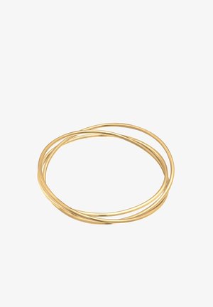 Auksinės spalvos metalinė apyrankė, su suktomis detalėmis, kurią sudaro trys persidengiantys apvalūs formos elementai, lygus paviršius ir blizgantis apdailos būdas.