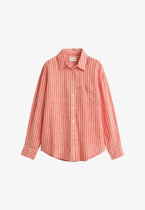 Langarmhemd mit Knopfleiste, korallenroten und weißen vertikalen Streifen, einer Brusttasche vorne und einem klassischen Kragen.