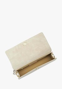 Lichtbeige portemonnee gemaakt van gemarmerd faux suede. Beschikt over een drukknoopsluiting en een ruime binnenkant met een ritsvak.