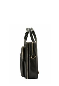 Czarna skórzana torba z podwójnymi zamkami błyskawicznymi, płaskim fasonem, krótkimi uchwytami i złotym pierścieniem akcentującym z boku. Gładka tekstura.