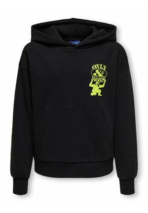 Sweat à capuche noir avec poche kangourou et petit graphisme jaune représentant une silhouette tenant le texte "Only & Sons" sur la poitrine.