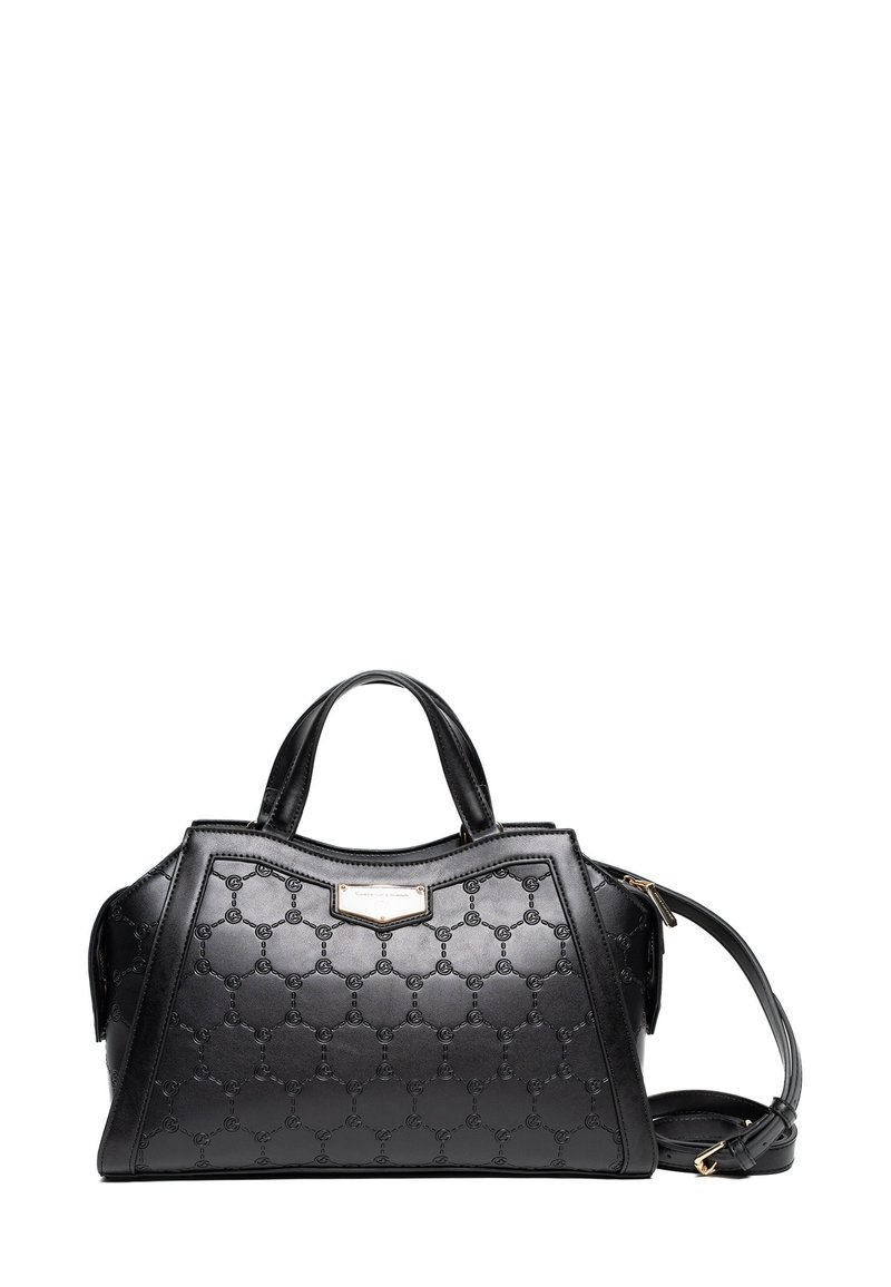Borsa nera realizzata in pelle testurizzata, caratterizzata da un motivo a monogramma, forma strutturata, doppio manico e tracolla rimovibile.