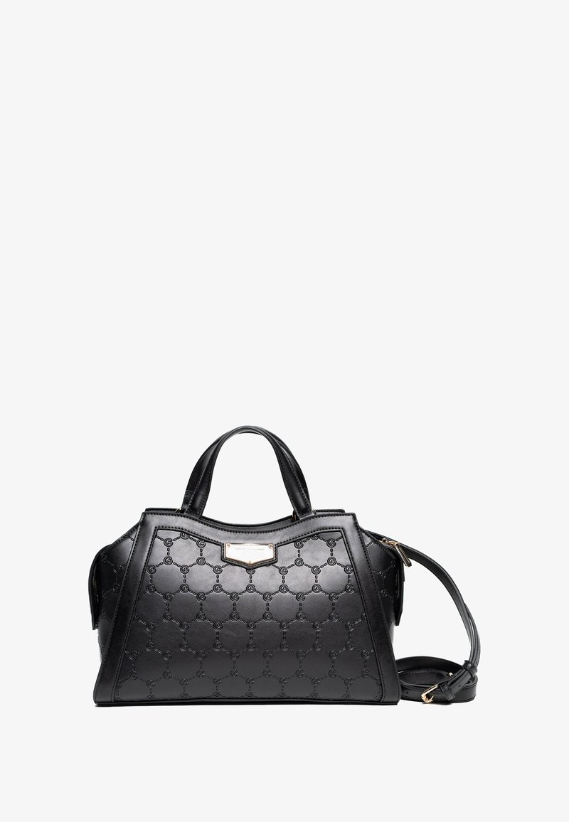 Borsa nera realizzata in pelle testurizzata, caratterizzata da un motivo a monogramma, forma strutturata, doppio manico e tracolla rimovibile.
