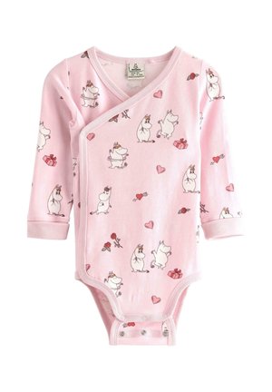 Vaaleanpunainen pitkähihaisen vauvan body, jossa kietaisutyyli ja nepparit. Bodissa on valkoisia sarjakuvatyylisiä virtahepohahmoja, sydämiä, ruusuja ja lahjakuvia.