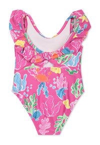 Costume da bagno intero rosa con spalline arricciate, caratterizzato da un motivo ispirato al mare con coralli colorati, pesci e creature marine.
