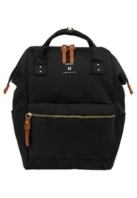 Sac à dos Anello noir avec tirettes de zips marron, poche zippée à l'avant et deux petites poignées avec fermeture pression sur le dessus.