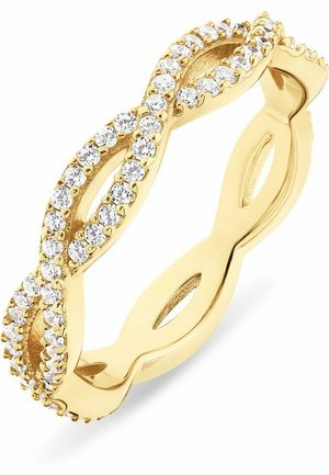 Gouden multi-loop ring met een ontwerp van ingelegde heldere edelstenen. Gladde band met decoratieve uitsparingen, die een gepolijste afwerking toont.