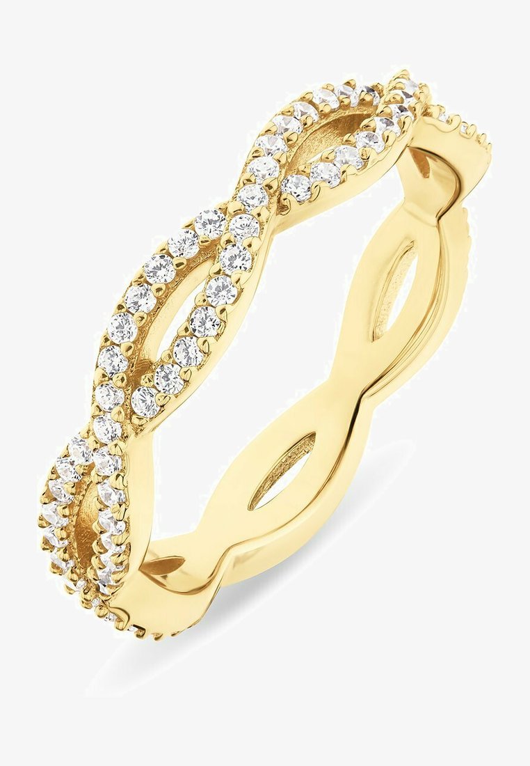 Anneau multi-boucles en or présentant un design avec des pierres précieuses claires incrustées. Bande lisse avec des découpes décoratives, mettant en valeur une finition polie.