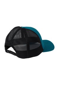 Gorra con panel frontal en verde azulado y parte trasera de malla negra, con cierre ajustable a presión, mostrada desde la parte trasera y lateral sobre un fondo blanco.