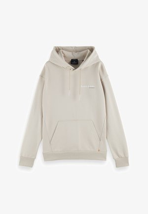 Beige hættetrøje med snoretræk, kengurulomme, ribbede manchetter og bund, samt et lille logo trykt på brystet. Blødt stof.