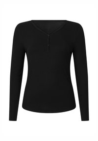 Zwarte longsleeve top met V-hals, knoopsluiting en geribbelde textuur. Heeft een getailleerd ontwerp en een gebogen zoom.