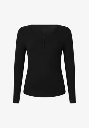 Zwarte longsleeve top met V-hals, knoopsluiting en geribbelde textuur. Heeft een getailleerd ontwerp en een gebogen zoom.
