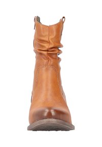 Botín de piel marrón claro con un diseño holgado, puntera redondeada y sutiles detalles de costura. Cierre lateral con cremallera para un fácil calzado. Suela de goma.