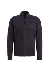 Sweat à fermeture éclair violet foncé avec un motif de tricot texturé présentant des rayures horizontales, un col montant et des poignets côtelés.