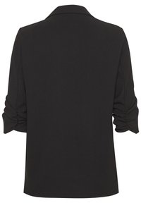 Blusa nera con una vestibilità rilassata, caratterizzata da un colletto a scialle e maniche arricciate. Texture liscia senza motivi o decorazioni visibili.