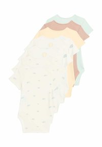 Sada šesti dětských body z bavlny. Barvy zahrnují bílou s obláčkovými vzory, pastelově modrou, růžovou, žlutou a mátově zelenou. Krátké rukávy.