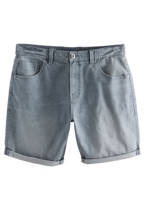 Šviesiai pilki džinsiniai šortai, pasižymintys klasikiniu penkių kišenių dizainu, apvijomis ant apačios ir priekiniais mygtukais, dekoruotais subtiliais siuvimo elementais.