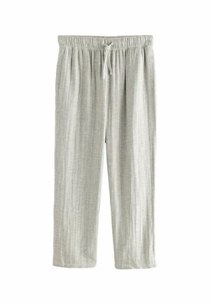 Pantalones de un gris claro, holgados, hechos de una tela texturizada con una cinturilla elástica y cordón. Corte a la altura del tobillo con pliegues laterales.