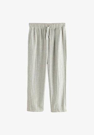 Lichtgrijze, losvallende broek van textuurstof met een elastische tailleband en trekkoord. Verkorte lengte met zijplooien.