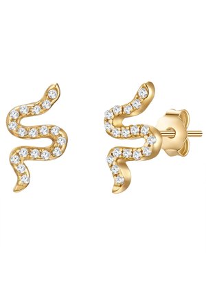 Zlatne naušnice u obliku zmije s blistavim prozirnim rhinestones, koje imaju učvršćenje na štift i glatku, sjajnu teksturu.