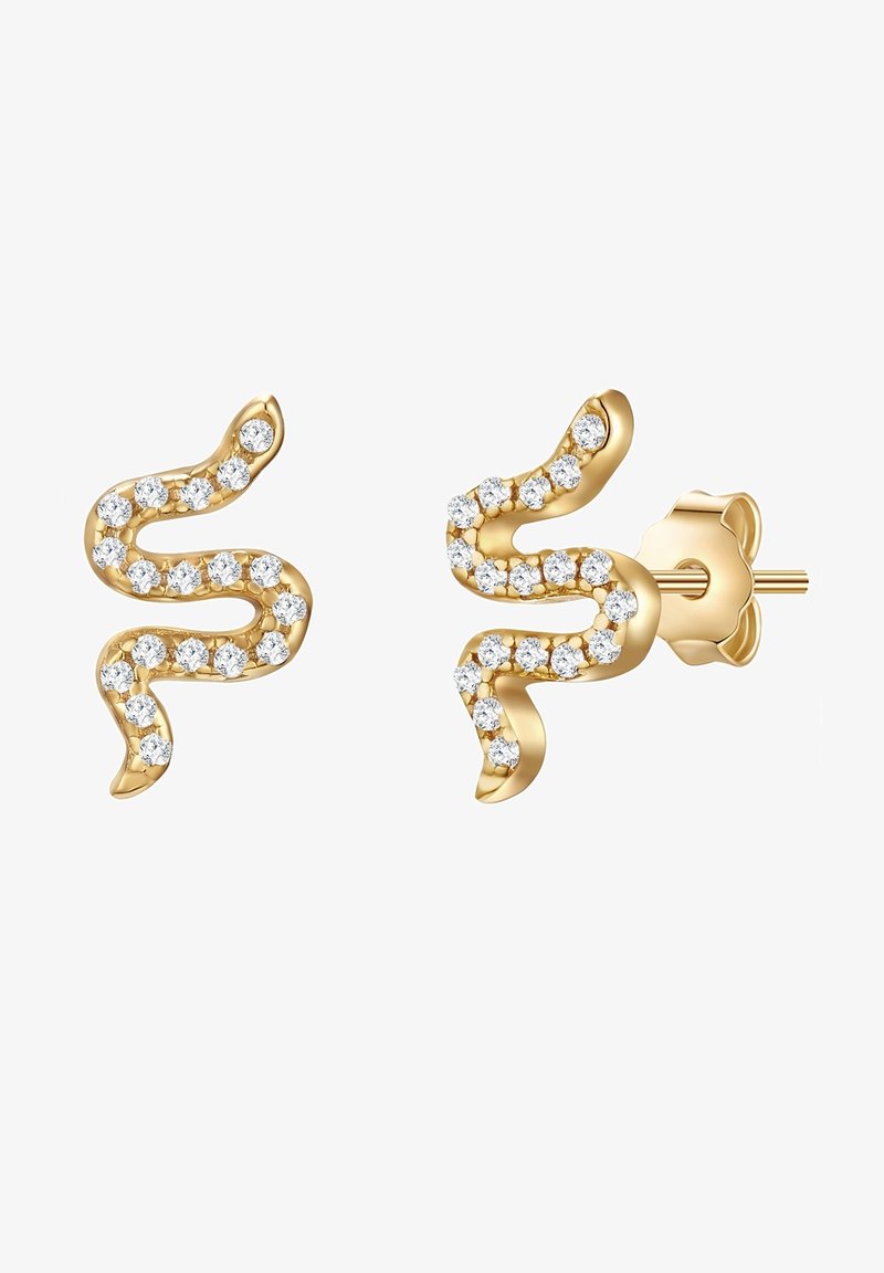 Zelta čūsku formas auskari ar spožām caurspīdīgām rhinestone, ar stud post aizdari un gludu, spīdīgu tekstūru.