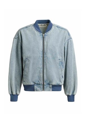 Svetlomodrá rifľová bomber bunda s tmavomodrým rebrovaným golierom, manžetami a pásom, predným zipsom a bočnými vreckami.