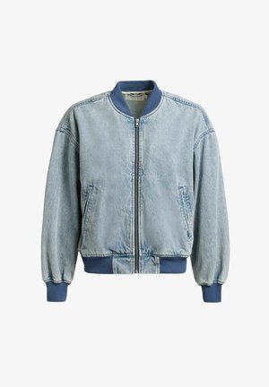 Svetlomodrá rifľová bomber bunda s tmavomodrým rebrovaným golierom, manžetami a pásom, predným zipsom a bočnými vreckami.