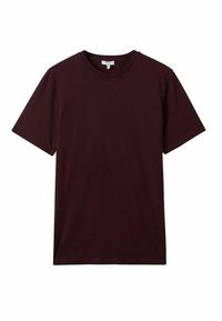 Tricou scurt cu mânecă, de culoare burgundă, fabricat din bumbac moale, având un guler rotund și o croială lejeră, fără logo-uri sau modele.