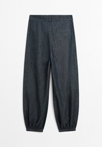 Dark blue denim pants with elastic cuffs, belt loops, and a single back welt pocket shown from the rear on a white background.