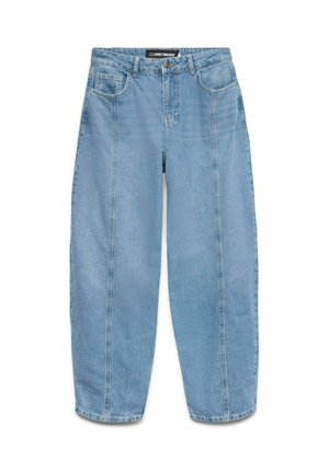 Light blue, wide-leg denim jeans with a high waist and a faded finish. Features a button closure and five pockets, with visible stitching.