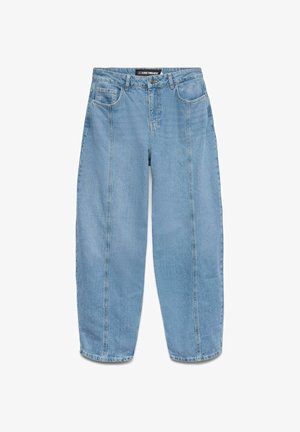 Light blue, wide-leg denim jeans with a high waist and a faded finish. Features a button closure and five pockets, with visible stitching.