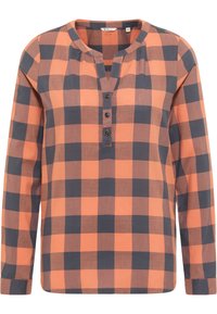 Orange och marinblå rutigt långärmad skjorta med V-ringning, tre knappar och rynkdetaljer vid halslinningen. Tillverkad av bomull.